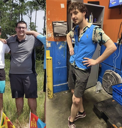 A before and after photo of a 6'2" male showing a weight reduction from 305 pounds to 171 pounds. A net loss of 134 pounds.