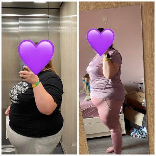 A progress pic of a 5'3" woman showing a fat loss from 292 pounds to 237 pounds. A net loss of 55 pounds.