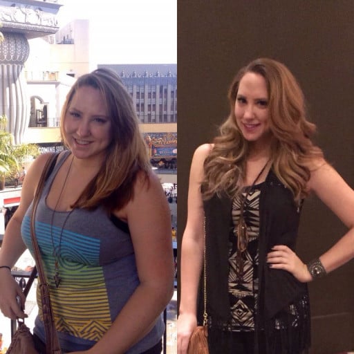 A progress pic of a 5'5" woman showing a weight reduction from 189 pounds to 141 pounds. A total loss of 48 pounds.