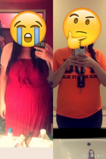 A before and after photo of a 5'4" female showing a weight reduction from 196 pounds to 173 pounds. A respectable loss of 23 pounds.