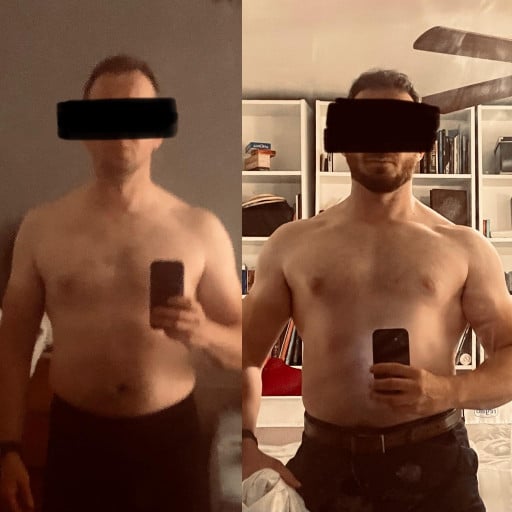 A before and after photo of a 5'8" male showing a weight reduction from 192 pounds to 187 pounds. A total loss of 5 pounds.