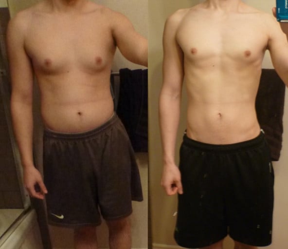 A before and after photo of a 5'5" male showing a snapshot of 138 pounds at a height of 5'5