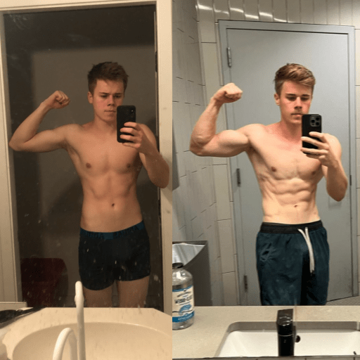 A before and after photo of a 5'11" male showing a muscle gain from 140 pounds to 158 pounds. A total gain of 18 pounds.