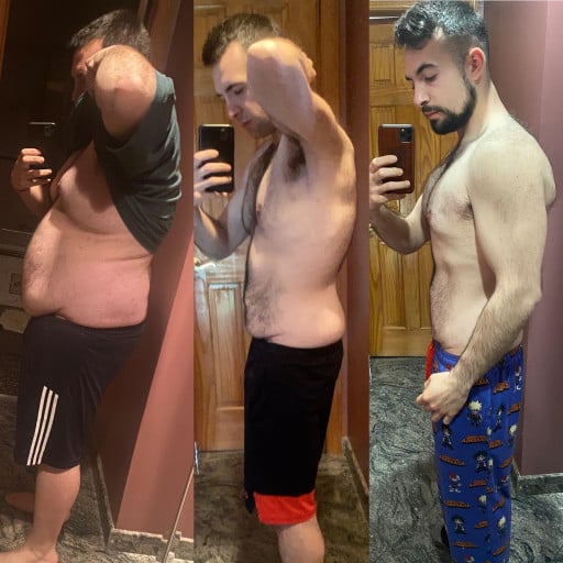 A progress pic of a 5'9" man showing a fat loss from 300 pounds to 170 pounds. A net loss of 130 pounds.
