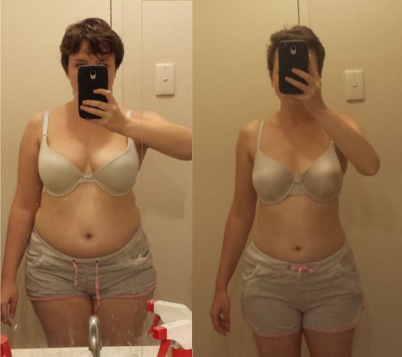 A photo of a 5'1" woman showing a weight loss from 158 pounds to 111 pounds. A total loss of 47 pounds.