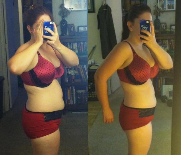 A progress pic of a 5'3" woman showing a fat loss from 162 pounds to 152 pounds. A total loss of 10 pounds.