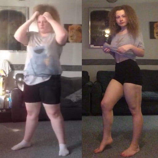 A before and after photo of a 5'5" female showing a weight reduction from 238 pounds to 140 pounds. A respectable loss of 98 pounds.