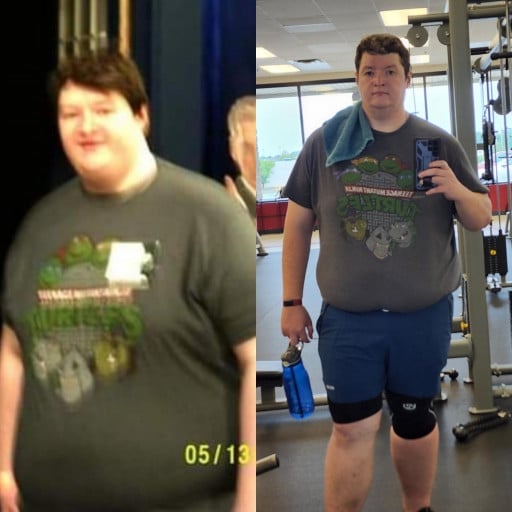 A progress pic of a 6'3" man showing a fat loss from 436 pounds to 100 pounds. A net loss of 336 pounds.