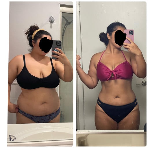 A progress pic of a 5'5" woman showing a fat loss from 230 pounds to 196 pounds. A total loss of 34 pounds.