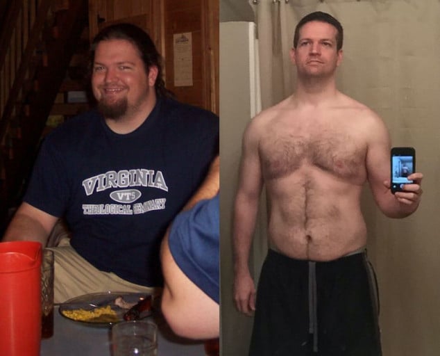 A before and after photo of a 6'0" male showing a weight reduction from 315 pounds to 205 pounds. A total loss of 110 pounds.
