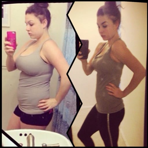 A progress pic of a 5'5" woman showing a fat loss from 162 pounds to 128 pounds. A respectable loss of 34 pounds.