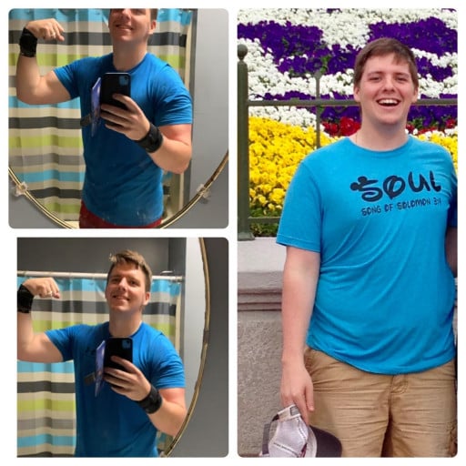 A picture of a 5'9" male showing a weight loss from 250 pounds to 215 pounds. A total loss of 35 pounds.