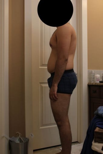 A before and after photo of a 5'5" male showing a snapshot of 172 pounds at a height of 5'5