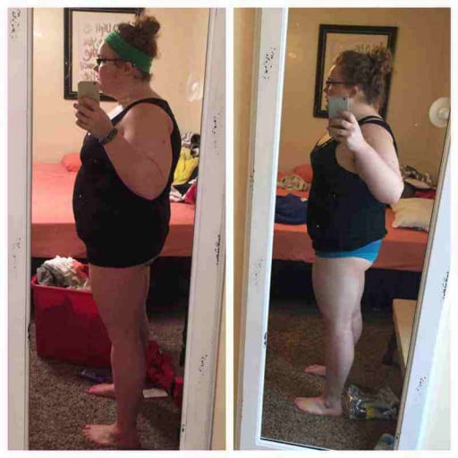 A progress pic of a 5'5" woman showing a fat loss from 265 pounds to 225 pounds. A respectable loss of 40 pounds.