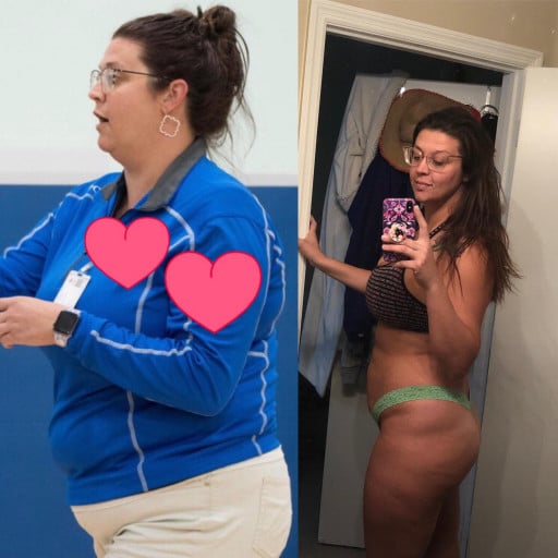 A photo of a 5'11" woman showing a weight cut from 258 pounds to 203 pounds. A total loss of 55 pounds.