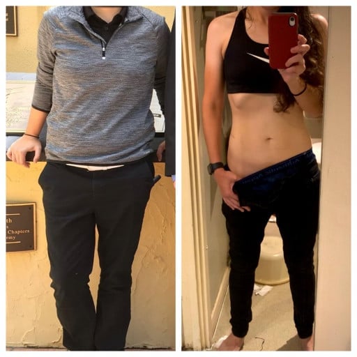 A photo of a 5'6" woman showing a weight cut from 205 pounds to 121 pounds. A net loss of 84 pounds.