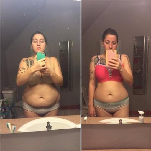 A progress pic of a 5'3" woman showing a fat loss from 178 pounds to 148 pounds. A net loss of 30 pounds.