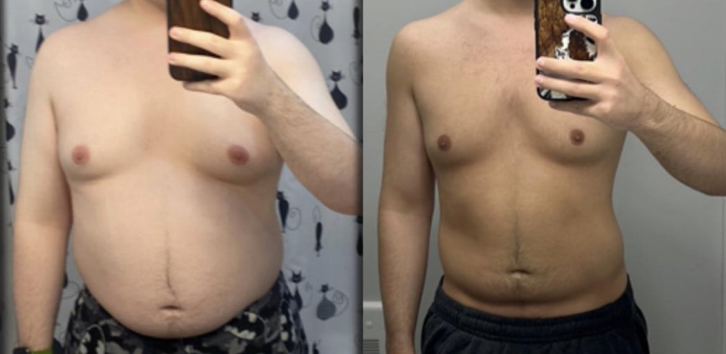 A progress pic of a 5'7" man showing a fat loss from 186 pounds to 148 pounds. A respectable loss of 38 pounds.