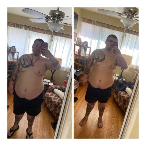 A photo of a 6'1" man showing a weight cut from 340 pounds to 299 pounds. A net loss of 41 pounds.