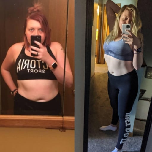 A before and after photo of a 5'5" female showing a weight reduction from 201 pounds to 180 pounds. A respectable loss of 21 pounds.