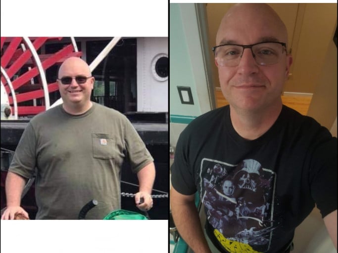 A picture of a 5'10" male showing a weight loss from 330 pounds to 225 pounds. A total loss of 105 pounds.