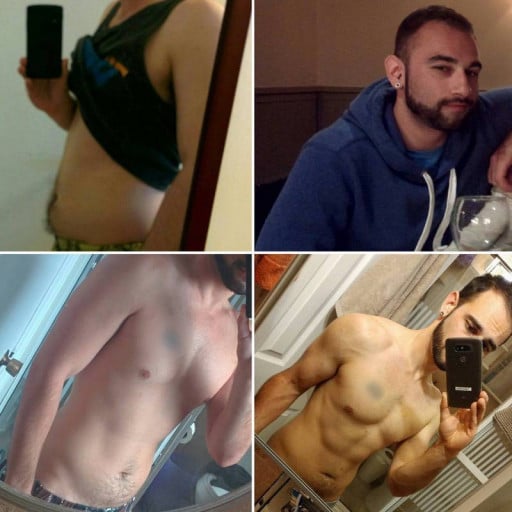 A progress pic of a 5'6" man showing a fat loss from 142 pounds to 130 pounds. A net loss of 12 pounds.