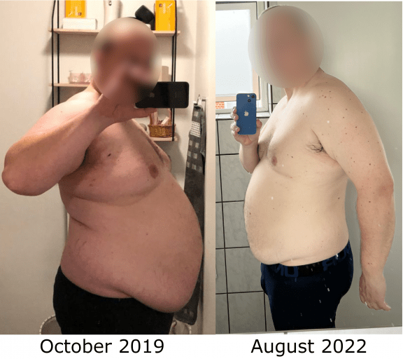 A before and after photo of a 6'1" male showing a weight reduction from 342 pounds to 267 pounds. A respectable loss of 75 pounds.