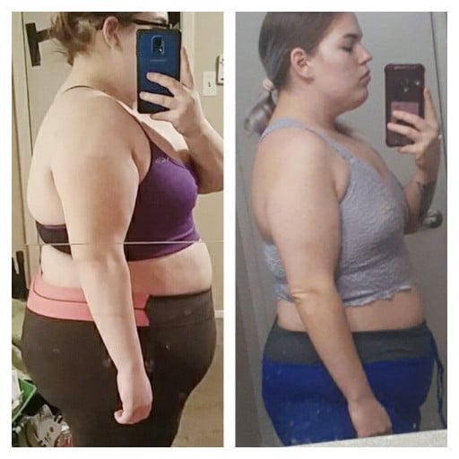 A before and after photo of a 5'3" female showing a weight reduction from 260 pounds to 210 pounds. A respectable loss of 50 pounds.