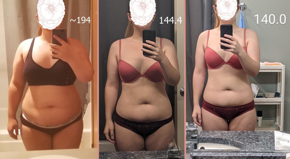 5 foot 3 Female 54 lbs Fat Loss Before and After 194 lbs to 140 lbs