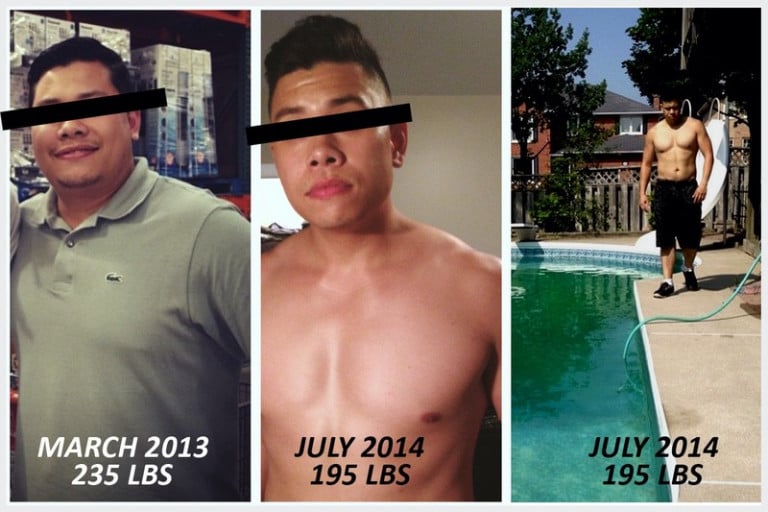 A picture of a 5'10" male showing a weight loss from 235 pounds to 195 pounds. A respectable loss of 40 pounds.
