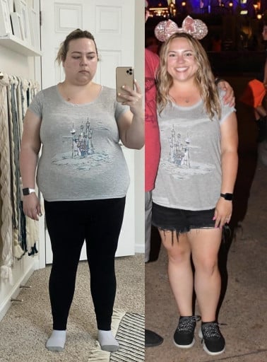 A progress pic of a 5'2" woman showing a fat loss from 230 pounds to 193 pounds. A net loss of 37 pounds.