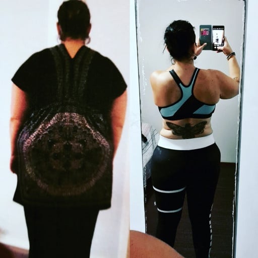 A progress pic of a 5'7" woman showing a fat loss from 353 pounds to 187 pounds. A respectable loss of 166 pounds.