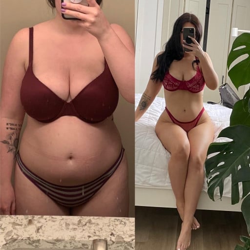 A progress pic of a 5'2" woman showing a fat loss from 169 pounds to 141 pounds. A total loss of 28 pounds.