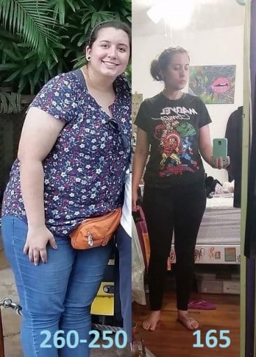 A picture of a 5'6" female showing a fat loss from 265 pounds to 165 pounds. A respectable loss of 100 pounds.