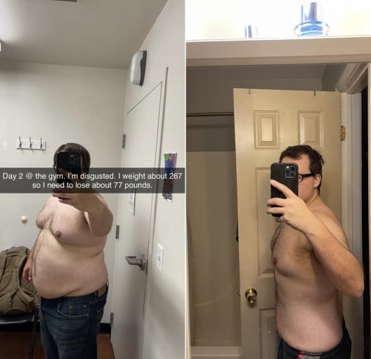 A before and after photo of a 5'9" male showing a weight reduction from 268 pounds to 208 pounds. A total loss of 60 pounds.