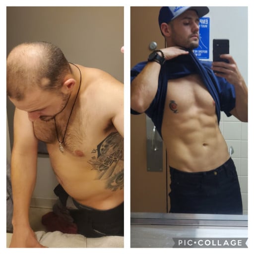 A progress pic of a 5'10" man showing a fat loss from 190 pounds to 165 pounds. A total loss of 25 pounds.