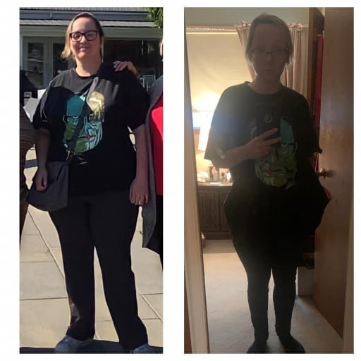 A progress pic of a 5'6" woman showing a fat loss from 229 pounds to 149 pounds. A net loss of 80 pounds.