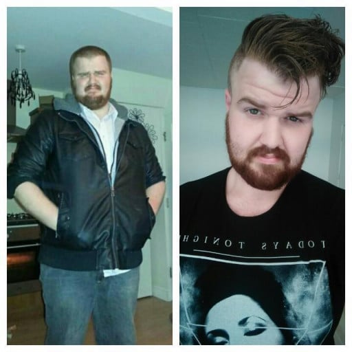 A progress pic of a 6'1" man showing a fat loss from 323 pounds to 210 pounds. A respectable loss of 113 pounds.
