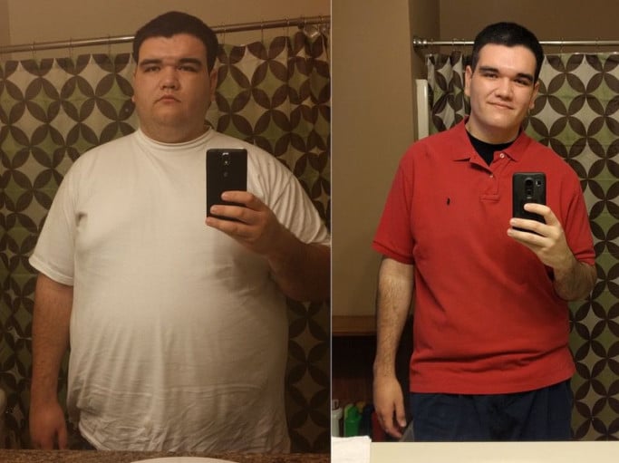 A before and after photo of a 6'2" male showing a weight cut from 410 pounds to 238 pounds. A total loss of 172 pounds.