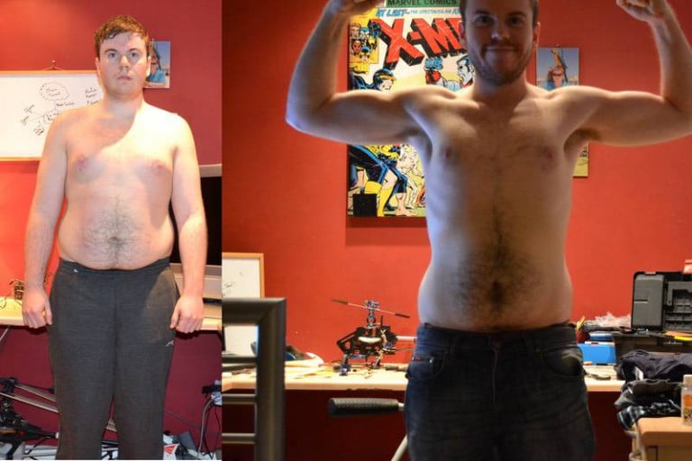 A progress pic of a 5'9" man showing a fat loss from 246 pounds to 169 pounds. A respectable loss of 77 pounds.