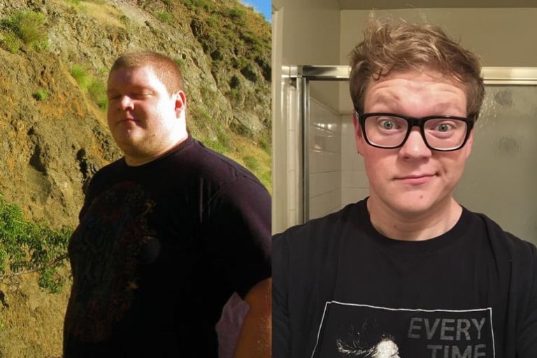 A before and after photo of a 5'9" male showing a weight reduction from 337 pounds to 234 pounds. A total loss of 103 pounds.