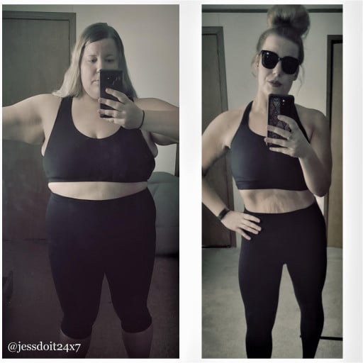 A progress pic of a 5'7" woman showing a fat loss from 339 pounds to 185 pounds. A respectable loss of 154 pounds.