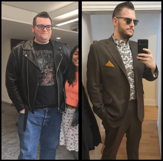 Before and After 85 lbs Weight Loss 6 feet 6 Male 335 lbs to 250 lbs