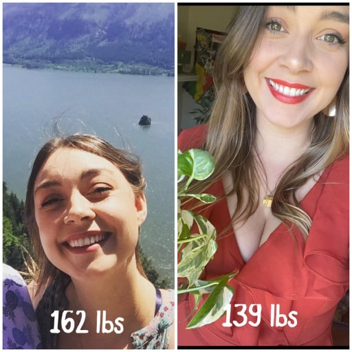 A progress pic of a 5'4" woman showing a fat loss from 162 pounds to 139 pounds. A total loss of 23 pounds.