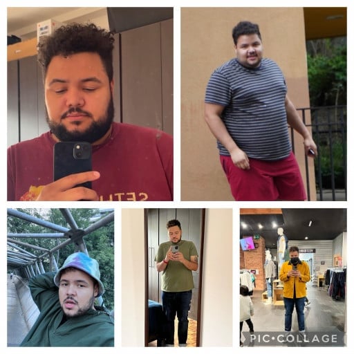 A progress pic of a 5'11" man showing a fat loss from 344 pounds to 230 pounds. A net loss of 114 pounds.