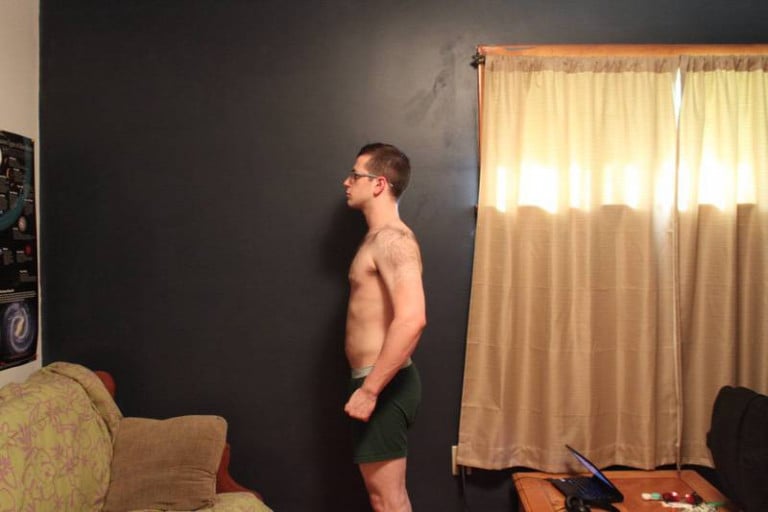 A before and after photo of a 5'7" male showing a snapshot of 155 pounds at a height of 5'7