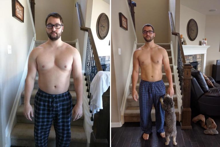 A before and after photo of a 5'9" male showing a weight reduction from 206 pounds to 166 pounds. A net loss of 40 pounds.