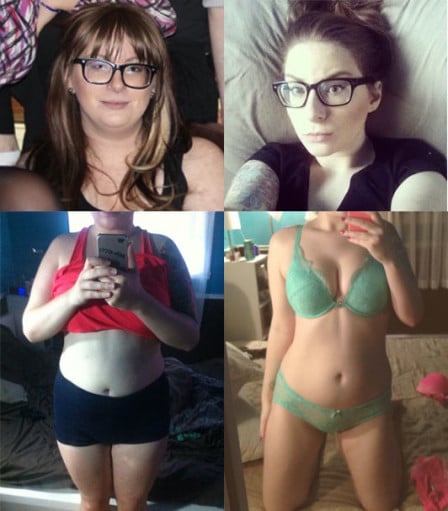 A progress pic of a 5'4" woman showing a fat loss from 175 pounds to 135 pounds. A net loss of 40 pounds.