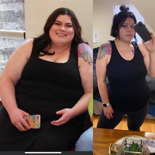 A progress pic of a 5'10" woman showing a fat loss from 441 pounds to 286 pounds. A total loss of 155 pounds.