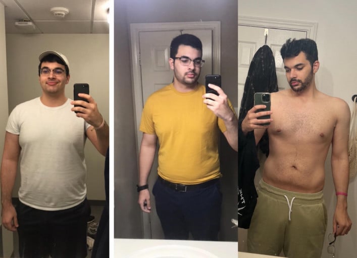 A progress pic of a 6'3" man showing a fat loss from 312 pounds to 200 pounds. A respectable loss of 112 pounds.